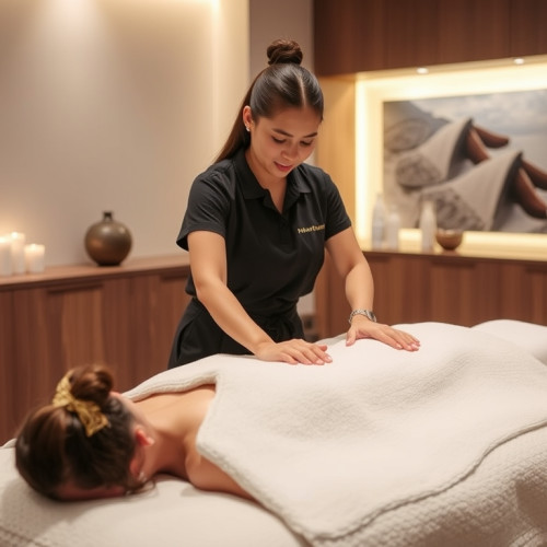 Professional massage therapist in a serene spa environment.