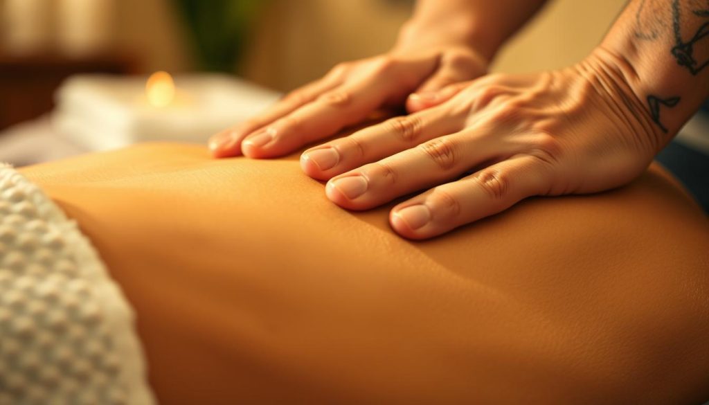 A close-up view of a deep tissue massage on tense muscles, with strong fingers kneading into the muscle fibers. The lighting is warm and soft, creating a soothing atmosphere. The angle is slightly elevated, allowing for a detailed examination of the massage technique. The focus is on the therapist's hands as they work deeply into the muscle, aiming to release built-up tension and promote relaxation. The background is blurred, placing the emphasis on the massage action in the foreground.