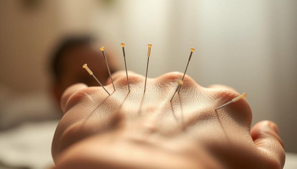A close-up view of a hand with acupuncture needles gently inserted into the skin, creating a serene, focused atmosphere. The soft, diffused lighting casts a warm glow, highlighting the delicate details of the needles and the skin's texture. The background is blurred, creating a sense of depth and emphasizing the treatment process. The composition is balanced and visually appealing, conveying the calm and therapeutic nature of the acupuncture session. A close-up view of a hand with acupuncture needles gently inserted into the skin, creating a serene, focused atmosphere. The soft, diffused lighting casts a warm glow, highlighting the delicate details of the needles and the skin's texture. The background is blurred, creating a sense of depth and emphasizing the treatment process. The composition is balanced and visually appealing, conveying the calm and therapeutic nature of the acupuncture session.