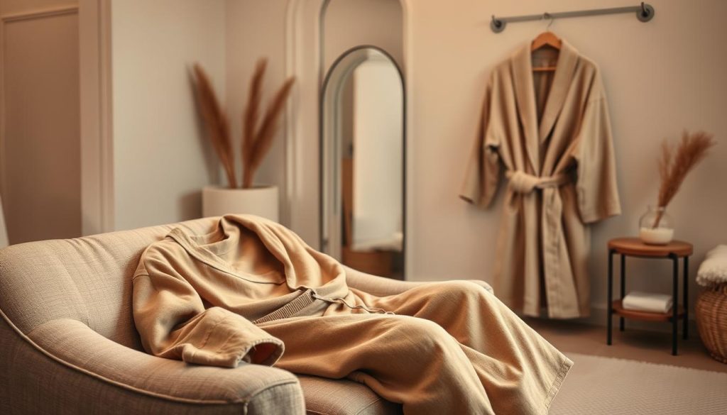 A cozy and inviting bedroom setting, bathed in warm, soft lighting. In the foreground, a plush, oversized loungewear set in a muted, earthy tone lies casually on a comfortable-looking armchair. The fabric appears lightweight and breathable, perfect for easy on and off. In the middle ground, a fluffy, neutral-colored robe hangs from a nearby hook, its long sleeves and deep pockets suggesting a luxurious level of comfort. The background features a serene, minimalist decor, with neutral-toned walls and a peaceful ambiance, creating a relaxing, spa-like atmosphere.