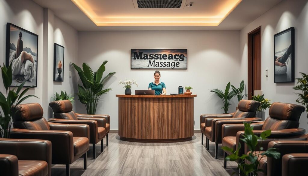 A cozy and inviting massage salon in Bahçeşehir, with plush leather chairs and soft lighting creating a serene atmosphere. Potted plants and soothing artwork adorn the walls, while a curved wooden reception desk stands at the center. Clients are greeted by a friendly staff member, who guides them through the reservation process with a warm smile. The overall scene exudes a sense of tranquility and professionalism, perfectly setting the stage for a rejuvenating massage experience.