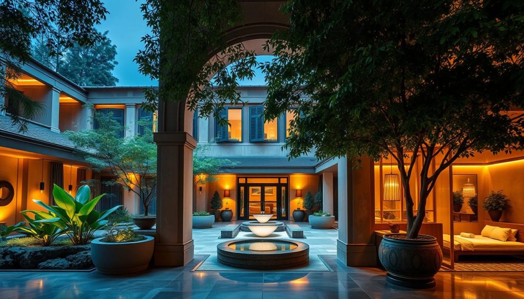 A lavish and serene spa center nestled in the heart of a bustling city. The entrance is a grand archway leading to a tranquil courtyard with lush greenery and a soothing water feature. Ambient lighting casts a warm glow, creating an intimate and relaxing atmosphere. The interior is a harmonious blend of natural materials, such as polished wood and stone, with elegant furnishings and plush textiles. Clients are escorted to private treatment rooms, where they can indulge in personalized wellness rituals, from soothing massages to rejuvenating facials, all designed to transport them away from the city's vibrant pulse and into a state of pure tranquility. A lavish and serene spa center nestled in the heart of a bustling city. The entrance is a grand archway leading to a tranquil courtyard with lush greenery and a soothing water feature. Ambient lighting casts a warm glow, creating an intimate and relaxing atmosphere. The interior is a harmonious blend of natural materials, such as polished wood and stone, with elegant furnishings and plush textiles. Clients are escorted to private treatment rooms, where they can indulge in personalized wellness rituals, from soothing massages to rejuvenating facials, all designed to transport them away from the city's vibrant pulse and into a state of pure tranquility.