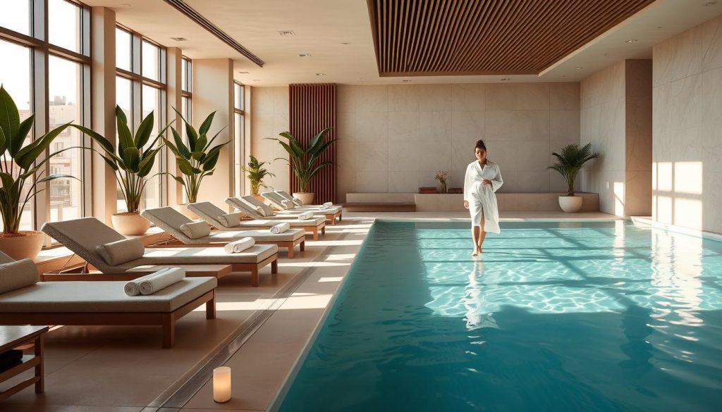 A luxurious Istanbul spa, softly lit with natural light filtering through large windows. Plush loungers and minimalist decor create a serene, zen-like ambiance. Lush potted plants and natural wood accents evoke a sense of harmony with nature. Sunlight dances on the surface of a tranquil pool, inviting visitors to indulge in a rejuvenating hydrotherapy session. Elegant, white-robed attendants move gracefully, offering personalized treatments and refreshments. The space exudes an atmosphere of relaxation, where the senses are soothed, and the mind is allowed to drift into a state of pure, blissful tranquility.