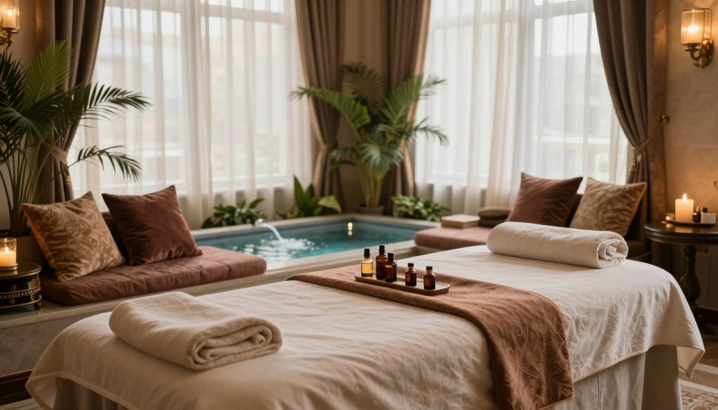 A luxurious VIP massage service setting in Istanbul, showcasing an opulent room with rich textiles, plush cushions, and ambient lighting. The foreground features a beautifully arranged massage table adorned with soft, elegant linens and a selection of aromatherapy oils. In the middle ground, a serene water feature gently flows, surrounded by exotic plants that enhance the tranquil atmosphere. The background reveals large windows draped with sheer curtains, allowing soft, natural light to filter through and create a warm glow. The overall mood is calm and inviting, emphasizing relaxation and exclusivity, suitable for a high-end wellness experience. The composition focuses on creating a sense of peace and luxury, without any human subjects.