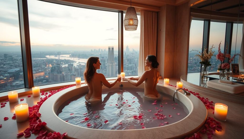 A luxurious couples' spa experience, bathed in warm candlelight and soft rose petals. A serene, intimate sanctuary with a tranquil, oversized jacuzzi taking center stage, inviting lovers to relax and reconnect. Plush, neutral-toned linens and decor create a calming, romantic ambiance, while a large, floor-to-ceiling window offers a breathtaking city skyline backdrop. Subtle, dappled lighting from hanging pendant fixtures casts a gentle glow, heightening the sense of tranquility. Smooth, polished stone surfaces and delicate floral arrangements complete the refined, spa-like atmosphere, perfect for a couple's indulgent retreat. A luxurious couples' spa experience, bathed in warm candlelight and soft rose petals. A serene, intimate sanctuary with a tranquil, oversized jacuzzi taking center stage, inviting lovers to relax and reconnect. Plush, neutral-toned linens and decor create a calming, romantic ambiance, while a large, floor-to-ceiling window offers a breathtaking city skyline backdrop. Subtle, dappled lighting from hanging pendant fixtures casts a gentle glow, heightening the sense of tranquility. Smooth, polished stone surfaces and delicate floral arrangements complete the refined, spa-like atmosphere, perfect for a couple's indulgent retreat.