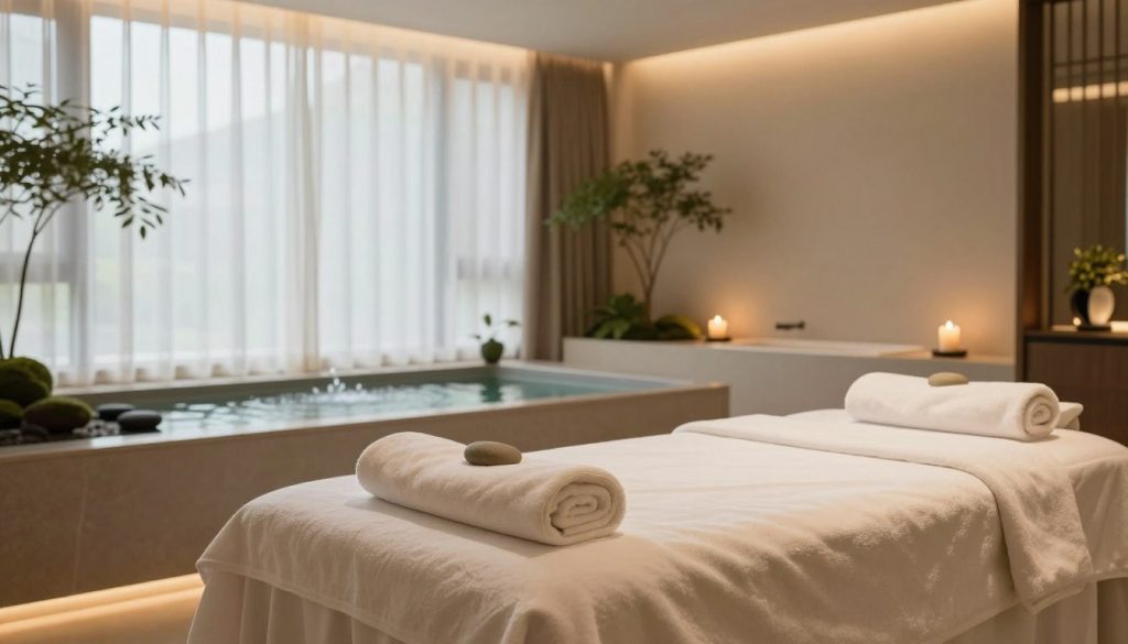 A luxurious hotel spa interior, showcasing an elegant relaxation area with soft ambient lighting casting a warm glow. In the foreground, a beautifully arranged treatment table adorned with plush towels and serene, natural decor, such as stones and plants. The middle ground features a minimalist water feature, gently bubbling, creating a calming atmosphere. The background reveals large windows with sheer curtains that let in soft, natural light, illuminating the tranquil space. Subtle greenery and aromatic candles add to the serene ambiance. The overall mood should evoke relaxation and rejuvenation, reflecting the rising trend of massage and spa experiences in tourism. Rich tones of beige, white, and green dominate the color palette, enhancing the spa's tranquil essence.