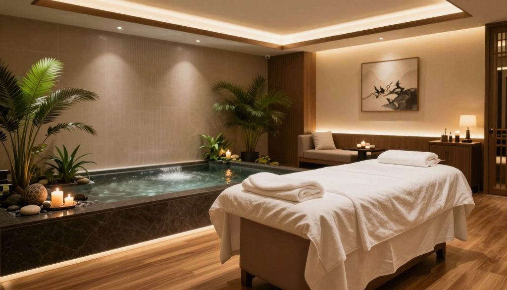 A luxurious spa and massage salon interior, featuring elegant wooden flooring and softly illuminated ambient lighting. In the foreground, a plush massage table draped with fresh white linens and aromatic candles on either side, creating a serene atmosphere. In the middle ground, a tranquil water feature flows gently, surrounded by lush green plants and delicate stones, enhancing the relaxation theme. The background showcases tasteful decor, with soothing artwork adorning the walls and cozy seating areas, all enveloped in a warm color palette. The overall mood is one of tranquility and opulence, inviting viewers to envision a peaceful retreat. The scene is richly detailed with soft focus, capturing the essence of a high-end wellness experience.