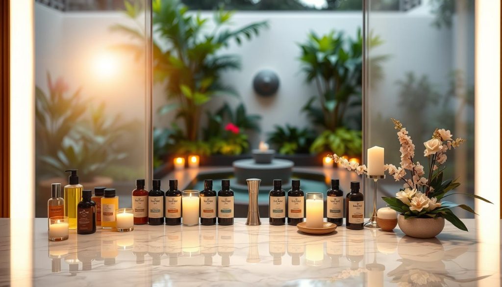 A luxurious spa-like setting with an elegant marble-topped counter, surrounded by neatly arranged rows of massage oils, scented candles, and soothing botanical arrangements. The lighting is soft and warm, creating a calming, serene atmosphere. The background features a tranquil garden scene, with lush greenery and a serene water feature. The entire composition conveys a sense of indulgence, relaxation, and exclusivity, perfectly suited for a VIP massage experience.
