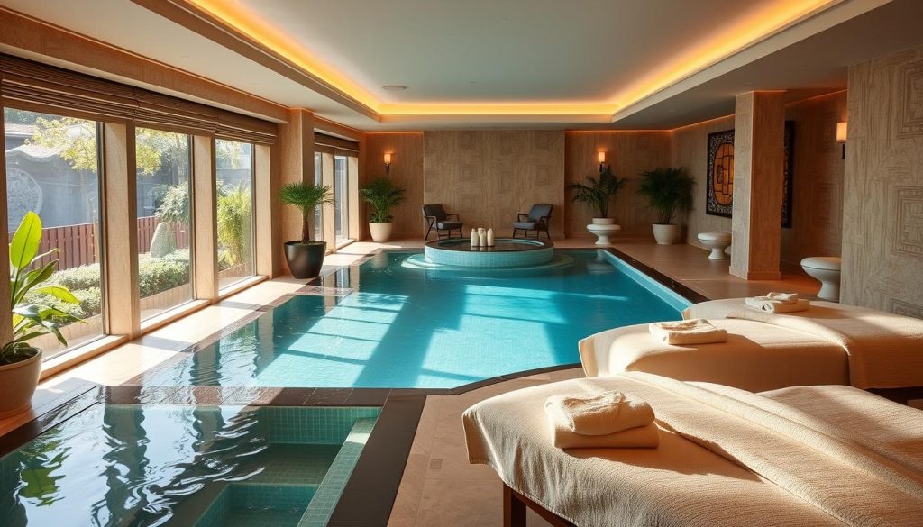 A luxurious spa oasis nestled in the heart of Istanbul, featuring serene treatment rooms, soothing ambient lighting, and elegant Turkish-inspired decor. Sunlight filters through large windows, casting a warm glow over the tranquil indoor pool and jacuzzi. Plush robes and slippers await guests as they indulge in rejuvenating massages, facials, and body treatments, all set against a backdrop of lush greenery and soothing water features. The spa's peaceful atmosphere transports visitors to a state of pure relaxation, catering to the needs of discerning international clientele seeking an exceptional wellness experience in the vibrant city of Istanbul.