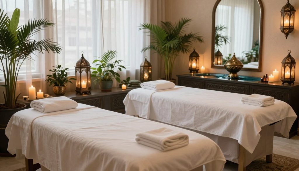 A luxurious spa setting in İstanbul, showcasing a serene and tranquil environment for a massage experience. In the foreground, arrange plush massage tables draped in soft white linens, surrounded by aromatic candles and essential oils, creating an inviting atmosphere. In the middle ground, include lush green plants and elegant decor, such as ornate lanterns and calming water features that reflect traditional Turkish design. The background features large windows with sheer curtains, allowing natural light to filter in, accentuating the peaceful ambiance. Warm, soft lighting enhances the overall mood, evoking relaxation and rejuvenation. The scene is devoid of human presence, focusing entirely on the serene spa environment, inviting the viewer into a blissful experience.