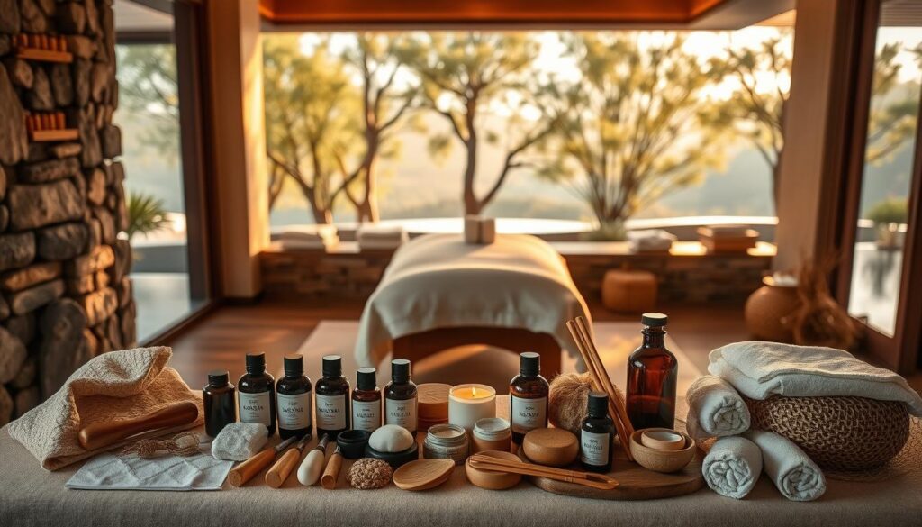 A luxurious spa setting with an array of massage modalities displayed. A well-lit, serene environment with natural textures like stone, wood, and soft fabrics. In the foreground, an assortment of massage tools and oils neatly arranged. In the middle ground, a massage table draped in fine linens. The background features a tranquil landscape with gently swaying trees and a calming water feature. The lighting is soft and warm, creating a soothing ambiance. The overall composition conveys a sense of relaxation, wellness, and the variety of massage treatments available.