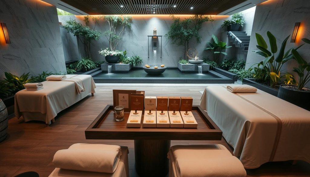 A luxury spa setting with elegant massage tables, plush linens, and soft lighting. Artfully arranged masaj paketleri (massage packages) displayed on a minimalist wooden table, surrounded by lush greenery and soothing water features. The atmosphere exudes tranquility and indulgence, inviting VIP clients to unwind and experience the finest Istanbul has to offer. The scene is captured with a wide-angle lens, emphasizing the serene and luxurious ambiance. Muted tones and gentle shadows create a calming, high-end aesthetic.