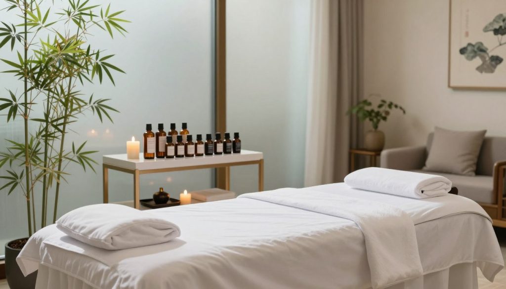 A modern, clean spa environment emphasizing hygiene and quality standards. In the foreground, a pristine treatment room with a neatly made massage table and fresh linens, surrounded by elegant decoration such as bamboo plants and calming candles. The middle ground features a set of high-quality essential oils displayed on a stylish shelf, illustrating the focus on health and wellness. The background includes subtle hints of a serene, softly lit waiting area with comfortable seating and tranquil artwork. Soft natural lighting filters through frosted glass windows, creating a calming atmosphere. The overall mood is serene, inviting, and professional, highlighting the importance of hygiene, quality, and health standards in massage services.