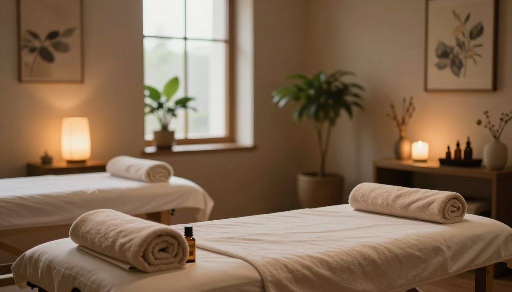 A peaceful and serene massage therapy room, showcasing a warm, inviting ambiance. In the foreground, there is a neatly arranged massage table with soft, plush towels and essential oils in glass bottles, hinting at pre-massage preparations. The middle layer features calming decor: green potted plants, gentle lighting from lamps, and soothing artwork on the walls. The background includes a large window allowing natural light to filter in, casting a soft glow across the room. The atmosphere is tranquil and relaxing, enhanced by subtle shadows creating depth. The overall color palette is warm and earthy, evoking a sense of calm and well-being. The focus is on the peaceful environment conducive to massage therapy, with no humans present in the scene.