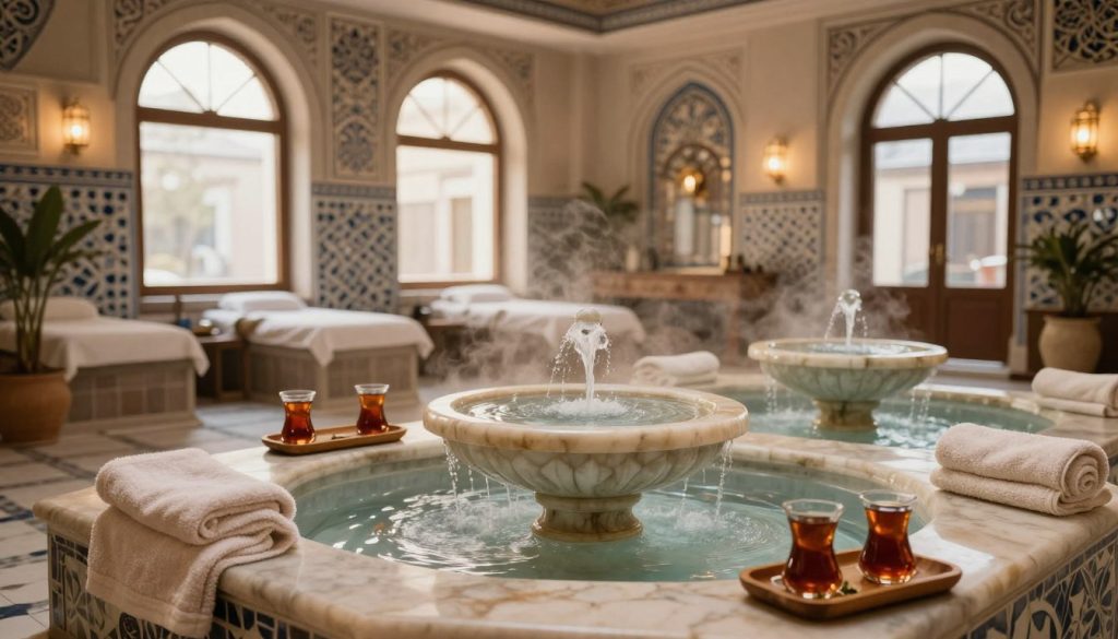 A serene Istanbul spa setting featuring a luxurious hamam experience. In the foreground, intricately designed marble fountains flow gently, surrounded by soft, plush towels and delicate herbal teas on wooden trays. The middle layer showcases an elegant hamam space adorned with ornate tile work, large arched windows letting in soft, warm light. Subtle steam rises in the background, adding to the tranquil atmosphere. The lighting is soft and diffuse, creating a calming ambiance. The overall mood evokes relaxation and rejuvenation, reflecting the essence of a unique spa experience in Istanbul. The composition is inviting, drawing the viewer into this peaceful sanctuary, surrounded by soothing natural elements and warm colors.