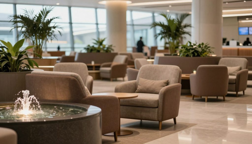 A serene airport terminal relaxation area featuring comfortable seating with plush armchairs and soft cushions, arranged around soothing water fountains with gentle streams. The interior has large windows allowing natural light to fill the space, creating an inviting atmosphere. In the background, soft green plants are dotted around for a touch of nature, enhancing the calm environment. The lighting is warm and ambient, casting a cozy glow over the scene. The floor is sleek with polished tiles, reflecting the elegance of the surroundings. Overall, the image should convey tranquility, providing a perfect spot for weary travelers to unwind amidst a bustling airport ambiance.