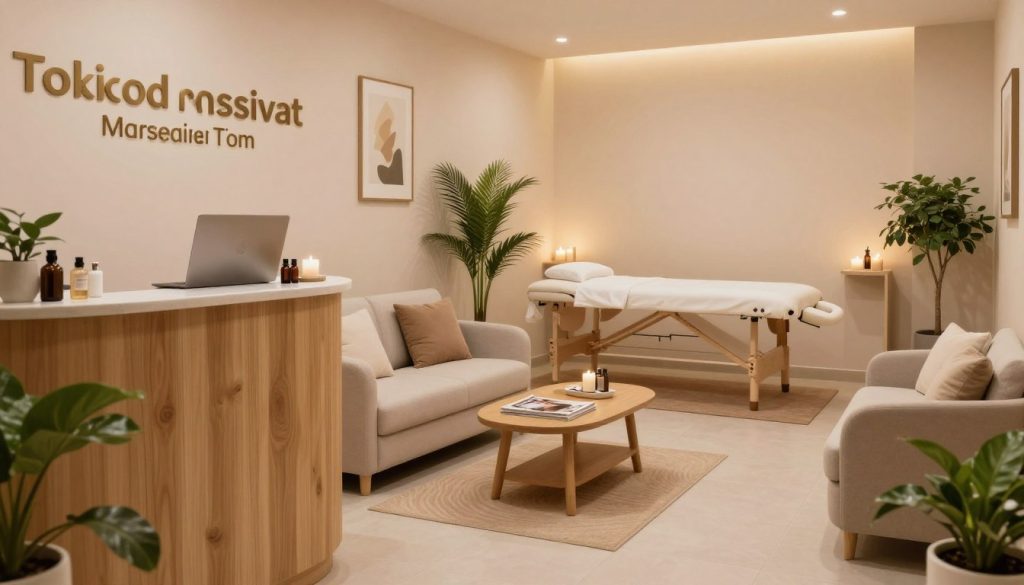 A serene and calming scene depicting a welcoming massage therapy studio in Istanbul. In the foreground, an elegant, well-organized reception area with soft pastel colors and natural materials, including wooden furniture and green plants. In the middle ground, a cozy waiting area with comfortable seating, a small coffee table displaying magazines, and ambient lighting that creates a tranquil atmosphere. The background showcases a softly lit treatment room, equipped with a massage table and soothing decor, such as candles and essential oils. The overall mood is peaceful and inviting, emphasizing the importance of timely arrival and scheduling for a relaxing massage experience. The scene is illuminated with warm, diffuse lighting to enhance the sense of calm and professionalism.