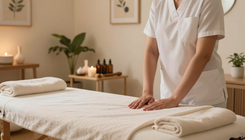 A serene and calming scene depicting the characteristics of professional massage therapists. In the foreground, a massage table adorned with soft linens and towels, emphasizing a welcoming and tranquil atmosphere. In the middle ground, various professional tools and oils are neatly arranged on a side table, showcasing the essential elements of a massage therapy practice. The background features a softly lit, relaxing environment with plants and calming artwork on the walls, creating an inviting sanctuary. Use warm, soft lighting to enhance the peaceful ambiance, evoking a sense of relaxation and professionalism. The scene should feel harmonious, representing the expertise and dedication of massage therapists without including any human figures or text. A serene and calming scene depicting the characteristics of professional massage therapists. In the foreground, a massage table adorned with soft linens and towels, emphasizing a welcoming and tranquil atmosphere. In the middle ground, various professional tools and oils are neatly arranged on a side table, showcasing the essential elements of a massage therapy practice. The background features a softly lit, relaxing environment with plants and calming artwork on the walls, creating an inviting sanctuary. Use warm, soft lighting to enhance the peaceful ambiance, evoking a sense of relaxation and professionalism. The scene should feel harmonious, representing the expertise and dedication of massage therapists without including any human figures or text.