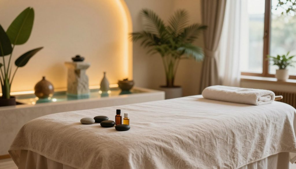 A serene and calming spa setting showcasing a luxurious massage therapy environment in Istanbul. The foreground features a beautifully arranged massage table draped in soft, neutral-toned linens, with a selection of aromatic oils and stones artfully placed nearby. In the middle ground, elegant decor includes calming water features and lush greenery, creating a relaxing atmosphere. The background is softly lit, with warm golden hues illuminating the space, evoking a sense of tranquility. Natural light filters in through large windows, enhancing the inviting feel of the space. The overall mood is peaceful and rejuvenating, emphasizing the theme of massage session durations and pricing, perfect for a wellness and relaxation context. A serene and calming spa setting showcasing a luxurious massage therapy environment in Istanbul. The foreground features a beautifully arranged massage table draped in soft, neutral-toned linens, with a selection of aromatic oils and stones artfully placed nearby. In the middle ground, elegant decor includes calming water features and lush greenery, creating a relaxing atmosphere. The background is softly lit, with warm golden hues illuminating the space, evoking a sense of tranquility. Natural light filters in through large windows, enhancing the inviting feel of the space. The overall mood is peaceful and rejuvenating, emphasizing the theme of massage session durations and pricing, perfect for a wellness and relaxation context.