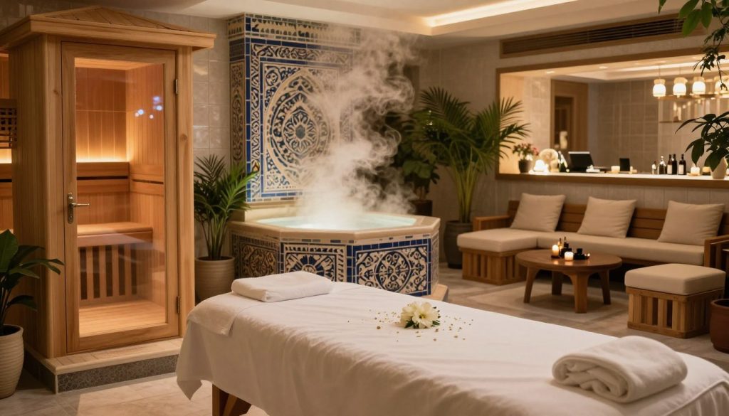 A serene and elegant Istanbul spa scene, showcasing various elements of luxury and relaxation. In the foreground, a beautifully arranged massage table adorned with soft, white linens and delicate floral arrangements. The middle features a traditional Turkish hammam with intricate tile work, steam rising gently in the air, and ambient lighting creating a warm glow. On one side, a wooden sauna with a glass door, steam subtly visible inside, while on the other, a tranquil sauna area lined with plush lounge chairs and refreshments. The background depicts a softly lit spa reception area with calming greenery, evoking a sense of peace and tranquility. The overall atmosphere is inviting and rejuvenating, perfect for highlighting the variations in spa standards in Istanbul.