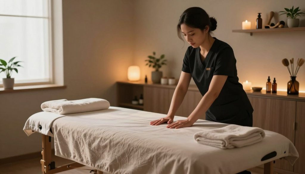 A serene and focused spa environment dedicated to sports massage, showcasing a massage therapy room. In the foreground, an elegantly arranged massage table with soft, neutral linens waits for a session, surrounded by calming elements like essential oils and towels. The middle ground features a soft ambient lighting setup, enhancing the warm atmosphere with a hint of natural light filtering in through a window, casting gentle shadows. In the background, shelves lined with various massage tools and plants create a soothing environment, emphasizing relaxation and performance enhancement. The overall mood should convey tranquility and professionalism, ideal for athletes seeking recovery and performance improvement, with no human presence to maintain focus on the serene setting.