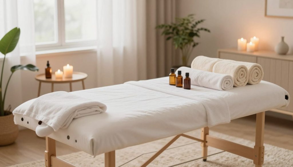 A serene and inviting home massage setup, showcasing a neatly arranged massage table in a well-lit living room. Soft, warm lighting from a nearby window creates a calming atmosphere, enhancing the relaxation vibe. The massage oils, rolled towels, and soothing candles are artfully placed on a small side table, adding to the ambiance of tranquility. In the background, a plush rug and potted plants bring a touch of nature indoors, promoting a sense of peace. The overall color palette is soft and warm, with pastel tones dominating the scene, evoking comfort and relaxation. Emphasize the cleanliness and coziness of the space, making it look like the perfect escape for a rejuvenating home massage experience. A serene and inviting home massage setup, showcasing a neatly arranged massage table in a well-lit living room. Soft, warm lighting from a nearby window creates a calming atmosphere, enhancing the relaxation vibe. The massage oils, rolled towels, and soothing candles are artfully placed on a small side table, adding to the ambiance of tranquility. In the background, a plush rug and potted plants bring a touch of nature indoors, promoting a sense of peace. The overall color palette is soft and warm, with pastel tones dominating the scene, evoking comfort and relaxation. Emphasize the cleanliness and coziness of the space, making it look like the perfect escape for a rejuvenating home massage experience.