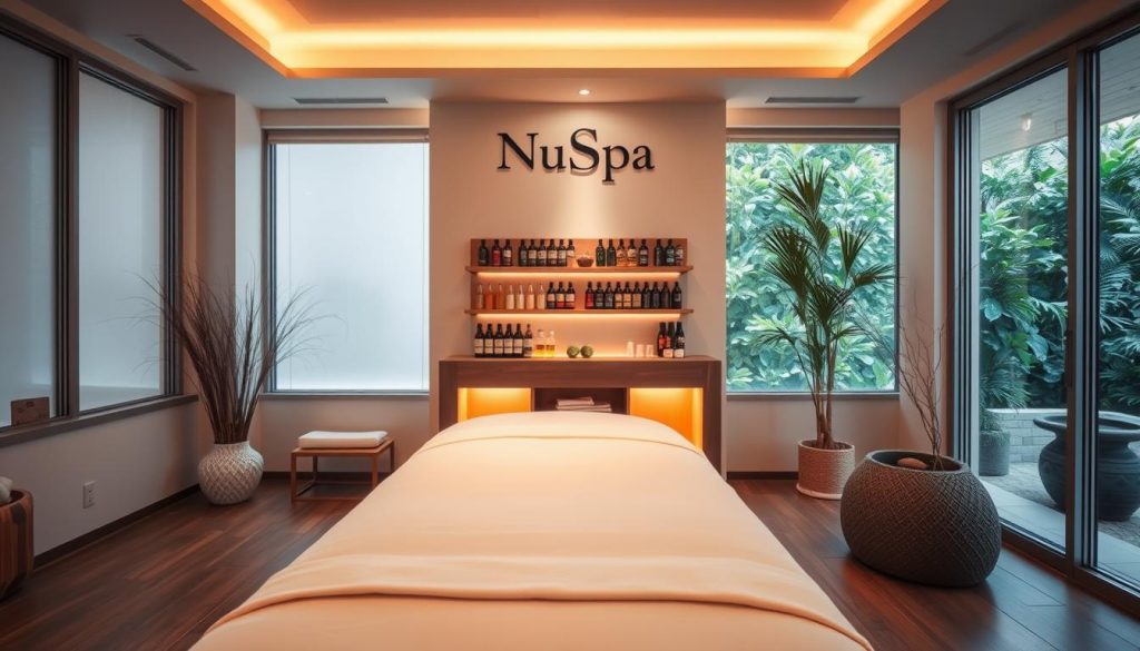 A serene and inviting interior of a NuSpa branch, showcasing a modern massage therapy room. In the foreground, a plush massage table is adorned with soft, clean linens. A warm, ambient light bathes the space, creating a relaxing atmosphere. In the middle ground, a well-organized shelf displays neatly arranged aromatherapy oils and spa essentials, while a calming water feature adds a touch of tranquility. The background features large windows allowing natural light to pour in, revealing greenery from outside, enhancing the peaceful setting. The overall mood is calm and rejuvenating, perfect for highlighting a luxurious spa experience without any human subjects, focusing solely on the serene environment. A serene and inviting interior of a NuSpa branch, showcasing a modern massage therapy room. In the foreground, a plush massage table is adorned with soft, clean linens. A warm, ambient light bathes the space, creating a relaxing atmosphere. In the middle ground, a well-organized shelf displays neatly arranged aromatherapy oils and spa essentials, while a calming water feature adds a touch of tranquility. The background features large windows allowing natural light to pour in, revealing greenery from outside, enhancing the peaceful setting. The overall mood is calm and rejuvenating, perfect for highlighting a luxurious spa experience without any human subjects, focusing solely on the serene environment.