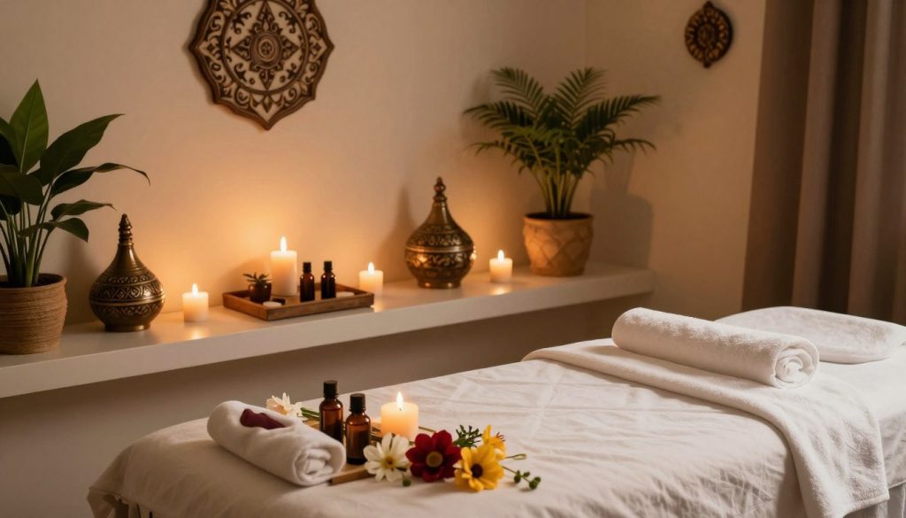 A serene and inviting interior of a massage studio in Istanbul, showcasing various alternative massage options. In the foreground, a beautifully arranged massage table adorned with fresh flowers and essential oils, exuding a sense of tranquility and relaxation. The middle layer features a soothing environment with aromatic candles, soft lighting, and calming decor inspired by traditional Turkish motifs, providing a unique touch. In the background, there's an array of natural elements such as potted plants and flowing fabrics, enhancing the peaceful atmosphere. The overall lighting is warm and gentle, casting soft shadows that evoke a sense of calm and serenity. The image captures the essence of wellness and alternative treatments available in Istanbul’s massage scene. A serene and inviting interior of a massage studio in Istanbul, showcasing various alternative massage options. In the foreground, a beautifully arranged massage table adorned with fresh flowers and essential oils, exuding a sense of tranquility and relaxation. The middle layer features a soothing environment with aromatic candles, soft lighting, and calming decor inspired by traditional Turkish motifs, providing a unique touch. In the background, there's an array of natural elements such as potted plants and flowing fabrics, enhancing the peaceful atmosphere. The overall lighting is warm and gentle, casting soft shadows that evoke a sense of calm and serenity. The image captures the essence of wellness and alternative treatments available in Istanbul’s massage scene.