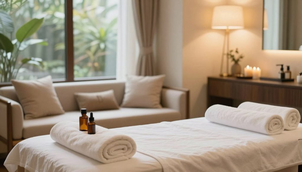 A serene and inviting massage salon interior, emphasizing transparency and high service quality. The foreground features a neatly arranged massage table adorned with fresh towels and aromatic oils, conveying a sense of cleanliness and professionalism. In the middle ground, a cozy seating area with elegant decor, soft cushions, and a tranquil ambiance, highlighted by subtle, warm lighting that creates a calming atmosphere. The background showcases large windows allowing natural light to stream in, illuminating peaceful greenery outside. The overall mood is relaxing and harmonious, encapsulating the essence of a high-quality massage experience. The composition should be inviting and soothing, with no human subjects present, ensuring a focus on the salon's environment.
