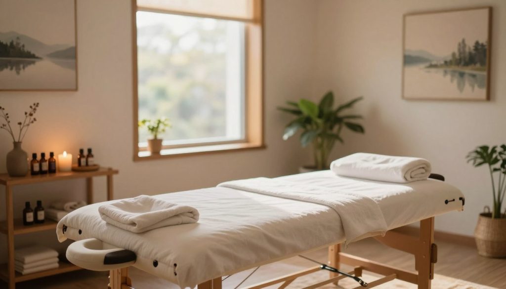 A serene and inviting massage therapy room, designed for a professional massage therapist, featuring a comfortable, adjustable massage table at the center. The foreground shows soft, natural fabrics and soothing essential oils arranged tastefully on a wooden shelf. In the middle, a large window allows soft, warm natural light to stream in, illuminating the room with a calming ambiance. The walls are adorned with tranquil artwork, depicting serene landscapes. In the background, subtle green plants enhance the tranquil atmosphere, providing a connection to nature. The mood is peaceful and relaxing, evoking a sense of wellness and rejuvenation, ideal for athletes seeking recovery and relaxation. The overall composition emphasizes a harmonious environment conducive to therapy and healing. A serene and inviting massage therapy room, designed for a professional massage therapist, featuring a comfortable, adjustable massage table at the center. The foreground shows soft, natural fabrics and soothing essential oils arranged tastefully on a wooden shelf. In the middle, a large window allows soft, warm natural light to stream in, illuminating the room with a calming ambiance. The walls are adorned with tranquil artwork, depicting serene landscapes. In the background, subtle green plants enhance the tranquil atmosphere, providing a connection to nature. The mood is peaceful and relaxing, evoking a sense of wellness and rejuvenation, ideal for athletes seeking recovery and relaxation. The overall composition emphasizes a harmonious environment conducive to therapy and healing.