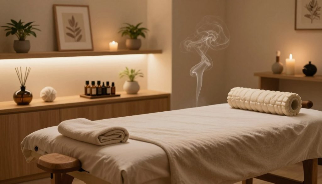 A serene and inviting massage therapy room designed for deep tissue massage. In the foreground, a professional massage table made of natural wood, adorned with soft, neutral-colored sheets and a tranquil aroma diffuser emitting gentle wisps of essential oil vapors. In the middle, an essential oil collection on a small wooden shelf, along with massage tools such as a foam roller and massage balls, suggesting a focus on relieving chronic muscle tension. In the background, softly lit shelves carry potted plants and soothing artwork, enhancing the calming atmosphere. The lighting is warm and dim, creating a peaceful and restorative ambiance that signifies relaxation and healing. The overall mood is tranquil and rejuvenating, inviting the viewer to envision a therapeutic escape.