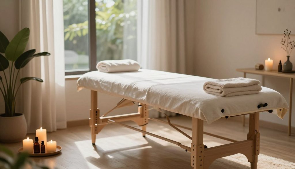 A serene and inviting massage therapy room filled with natural light, showcasing a massage table neatly arranged with soft towels and calming essential oil bottles. In the foreground, a delicate arrangement of aromatic candles and potted plants adds a touch of tranquility, while calming, neutral colors dominate the decor, creating a peaceful ambiance. In the middle ground, the massage table is highlighted, surrounded by gentle, flowing curtains that sway slightly with a soft breeze, enhancing the relaxing atmosphere. In the background, a large window reveals a soft, green outdoor view, suggesting a connection with nature. The overall mood is soothing and rejuvenating, symbolizing the health benefits of massage therapy. The lighting is warm and inviting, creating shadows that further enhance the peaceful environment.
