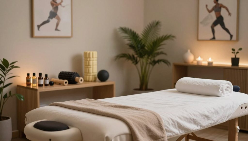 A serene and inviting massage therapy room, focusing on the details of the services offered for athletes in Istanbul. The foreground features a comfortable massage table adorned with soft, neutral-colored linens and an array of essential oils displayed elegantly on a side table. The middle section showcases a well-organized selection of massage tools, like foam rollers and massage balls, emphasizing their use in sport recovery. The background reveals a tranquil atmosphere, enhanced by soft ambient lighting and natural elements, such as green plants and calming artwork depicting athletic movements. The overall mood is peaceful and professional, inviting athletes to relax and rejuvenate. Shot with a soft-focus lens to create a warm and calming ambiance, capturing the essence of expert massage therapy services without any human presence or text. A serene and inviting massage therapy room, focusing on the details of the services offered for athletes in Istanbul. The foreground features a comfortable massage table adorned with soft, neutral-colored linens and an array of essential oils displayed elegantly on a side table. The middle section showcases a well-organized selection of massage tools, like foam rollers and massage balls, emphasizing their use in sport recovery. The background reveals a tranquil atmosphere, enhanced by soft ambient lighting and natural elements, such as green plants and calming artwork depicting athletic movements. The overall mood is peaceful and professional, inviting athletes to relax and rejuvenate. Shot with a soft-focus lens to create a warm and calming ambiance, capturing the essence of expert massage therapy services without any human presence or text.