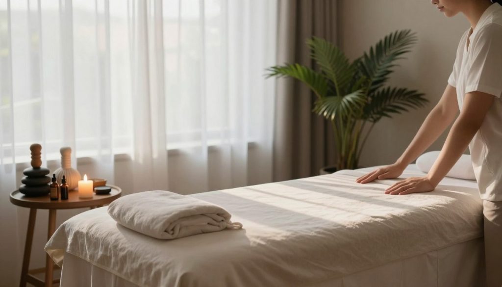 A serene and inviting massage therapy room showcasing modern techniques. In the foreground, a massage table is elegantly set with soft, neutral linens, reflecting a calm atmosphere. On a side table, various massage tools like basalt stones, essential oils, and a softly glowing candle create a soothing ambiance. In the middle ground, large windows with sheer curtains allow soft, natural light to filter in, highlighting the tranquil setting and casting gentle shadows. The background reveals a lush indoor plant arrangement, enhancing the feeling of relaxation. The overall mood is peaceful and rejuvenating, perfect for illustrating cutting-edge approaches to massage therapy. The image should emphasize a harmonious blend of nature and wellness, with a focus on warmth and comfort. A serene and inviting massage therapy room showcasing modern techniques. In the foreground, a massage table is elegantly set with soft, neutral linens, reflecting a calm atmosphere. On a side table, various massage tools like basalt stones, essential oils, and a softly glowing candle create a soothing ambiance. In the middle ground, large windows with sheer curtains allow soft, natural light to filter in, highlighting the tranquil setting and casting gentle shadows. The background reveals a lush indoor plant arrangement, enhancing the feeling of relaxation. The overall mood is peaceful and rejuvenating, perfect for illustrating cutting-edge approaches to massage therapy. The image should emphasize a harmonious blend of nature and wellness, with a focus on warmth and comfort.