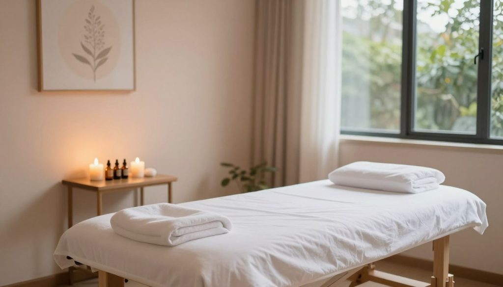 A serene and inviting massage therapy room with soft lighting casting a warm glow. In the foreground, a neatly arranged massage table is centered, adorned with clean, crisp sheets. To the side, a small table holds soothing essential oils and aromatic candles, creating a calming atmosphere. The walls are painted in soft pastel tones, accented with gentle artwork depicting nature. In the background, a large window allows natural light to filter in, revealing a glimpse of lush greenery outside. The overall mood is tranquil and professional, ideal for a massage therapy environment. The image conveys a sense of relaxation and wellness, emphasizing hygiene and professionalism in massage practices. A serene and inviting massage therapy room with soft lighting casting a warm glow. In the foreground, a neatly arranged massage table is centered, adorned with clean, crisp sheets. To the side, a small table holds soothing essential oils and aromatic candles, creating a calming atmosphere. The walls are painted in soft pastel tones, accented with gentle artwork depicting nature. In the background, a large window allows natural light to filter in, revealing a glimpse of lush greenery outside. The overall mood is tranquil and professional, ideal for a massage therapy environment. The image conveys a sense of relaxation and wellness, emphasizing hygiene and professionalism in massage practices.