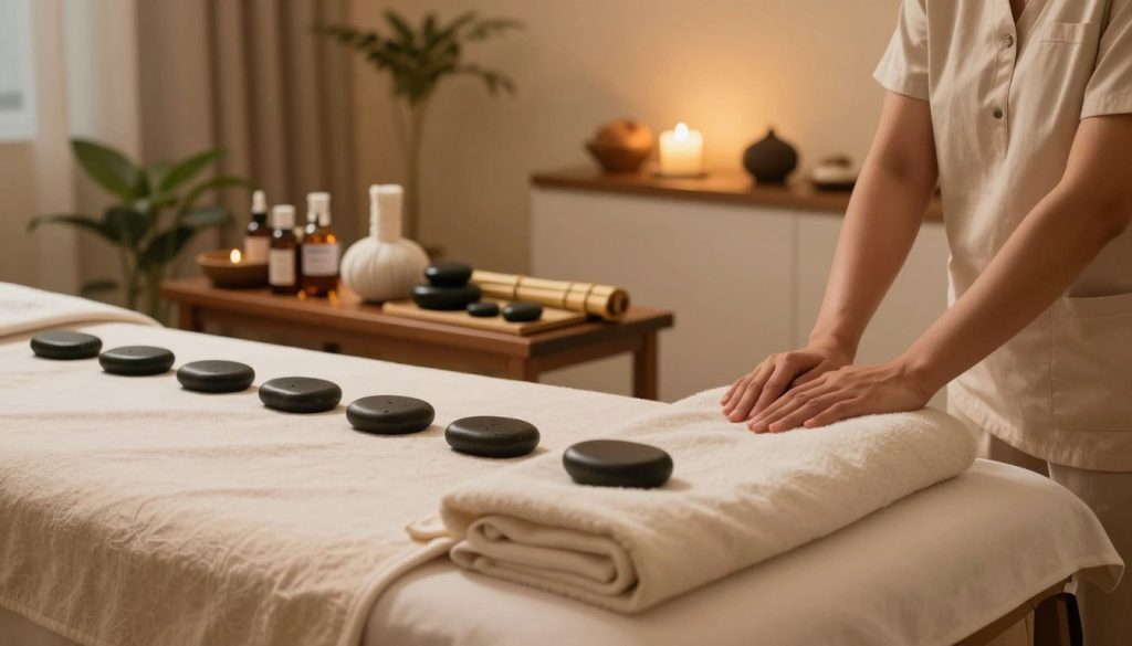 A serene and inviting massage therapy setting, showcasing various types of massage techniques. In the foreground, a beautifully arranged massage table with soft linens and a selection of professional massage oils. In the middle, a display of calming tools like stones for hot stone therapy and bamboo sticks for Thai massage, artistically placed on a wooden surface. The background features a softly lit room with calming colors, indoor plants, and soothing decor elements, enhancing the relaxing atmosphere. Use warm lighting to create a peaceful ambiance, and an angle that captures the essence of a tranquil spa environment. The image conveys a sense of relaxation and professionalism, suitable for illustrating diversity in massage techniques and their applications.
