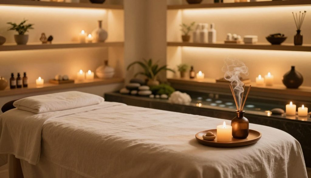 A serene and inviting spa environment showcasing various elements of customer experiences in massage services. In the foreground, an elegant massage table draped with soft linens, surrounded by flickering candles and essential oil diffusers emitting gentle vapor. In the middle ground, a tranquil water feature that enhances the ambiance, with pebbles and subtle greenery. The background presents softly lit shelves featuring various massage products and soothing décor, such as potted plants and calming artifacts. The warm, golden lighting creates a peaceful and relaxing atmosphere, evoking feelings of tranquility and rejuvenation. The scene captures the essence of customer satisfaction and relaxation without any human presence, focusing solely on the inviting spa environment.