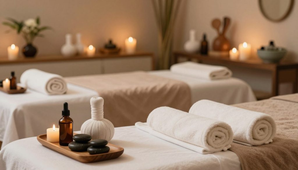 A serene and inviting spa environment showcasing various massage packages. In the foreground, there are elegantly arranged spa items like scented oils, smooth stones, and fluffy towels. The middle ground features a beautifully set treatment table with soft, calming linens, surrounded by candles and herbal plants for an organic touch. In the background, gentle ambient lighting creates a warm atmosphere, with blurred shelves displaying neatly organized massage therapy tools and decorative elements like bamboo and water features. The overall mood is tranquil and rejuvenating, emphasizing wellness and relaxation, perfect for illustrating the advantages of massage packages and their application methods. The image should evoke a sense of peace and invite viewers into a blissful spa experience, all without any human presence.