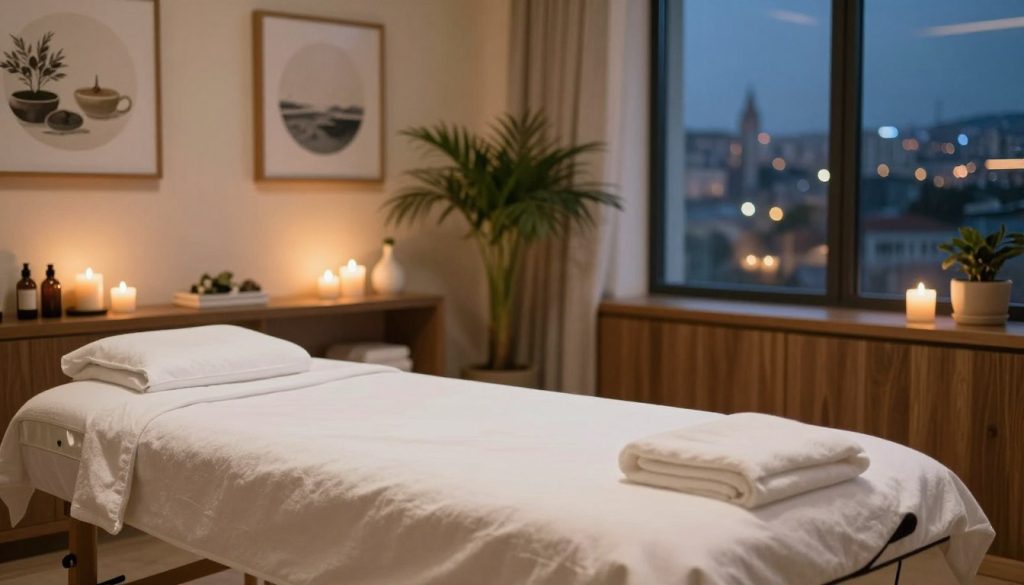 A serene and inviting spa interior, showcasing an elegant massage therapy room with soft ambient lighting and a calming atmosphere. The foreground features a plush massage table adorned with clean, white linens, surrounded by aromatic candles and essential oil bottles, hinting at a relaxing experience. The middle-ground includes tasteful decor—smooth wooden accents, green plants, and artwork depicting tranquility, creating a peaceful vibe. In the background, a gently illuminated window reveals a tranquil cityscape of Şişli at night, with soft city lights adding warmth to the scene. The composition is shot in a warm light setting, emphasizing a cozy and luxurious ambiance, inviting viewers to consider the value of the service offered. The overall mood is calming and professional, emphasizing relaxation and self-care.