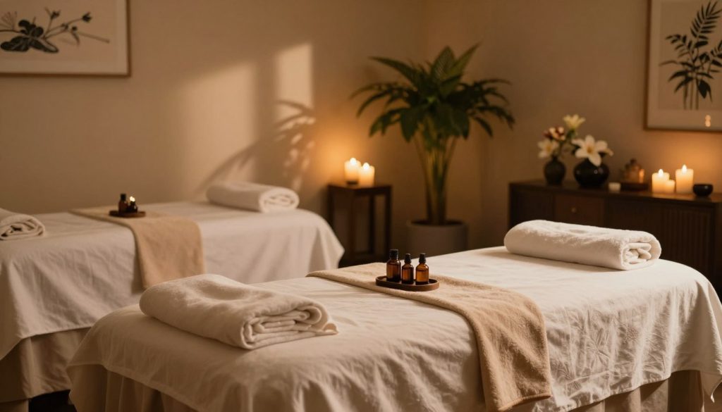 A serene and inviting spa interior showcasing various massage options. In the foreground, a beautifully arranged massage table with soft linens and essential oils displayed, evoking a sense of calm. The middle ground features elegant decor, such as potted plants and soft lighting, creating a warm ambiance. In the background, a tranquil atmosphere with dimmed lights and subtle artwork enhances the relaxing environment. Soft shadows play across the room, emphasizing the peaceful atmosphere. Include elements like soothing candles and fresh flowers to add a touch of luxury. The image should capture the essence of traditional and unique massage therapies, inviting viewers to experience relaxation and rejuvenation in this calming setting.