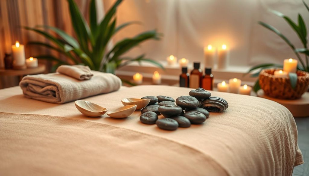 A serene and inviting spa setting focused on "Lava Shell Therapy." In the foreground, a polished wooden massage table adorned with soft, neutral-toned towels and natural shell tools exuding warmth. In the middle ground, various lava shells arranged aesthetically, alongside calming essential oils, inviting relaxation. The background features a tranquil environment with softly lit candles and lush green plants, creating a sense of peace. Soft, warm lighting casts gentle shadows, enhancing the soothing atmosphere. The overall mood is calm and rejuvenating, ideal for a wellness retreat. The scene captures the essence of unique massage therapies, focusing on natural materials and serenity, devoid of any human presence or text. A serene and inviting spa setting focused on "Lava Shell Therapy." In the foreground, a polished wooden massage table adorned with soft, neutral-toned towels and natural shell tools exuding warmth. In the middle ground, various lava shells arranged aesthetically, alongside calming essential oils, inviting relaxation. The background features a tranquil environment with softly lit candles and lush green plants, creating a sense of peace. Soft, warm lighting casts gentle shadows, enhancing the soothing atmosphere. The overall mood is calm and rejuvenating, ideal for a wellness retreat. The scene captures the essence of unique massage therapies, focusing on natural materials and serenity, devoid of any human presence or text.