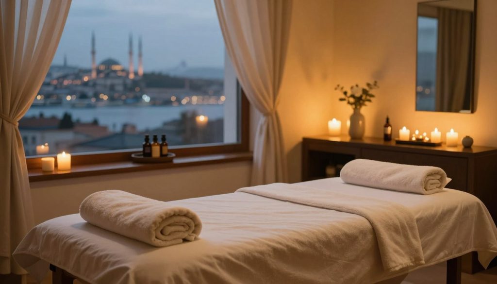 A serene and inviting spa setting in Istanbul during the evening, showcasing a tranquil massage room softly illuminated by warm, ambient lighting. In the foreground, a neatly arranged massage table with plush towels and soothing aromatherapy oils creates an atmosphere of relaxation. The middle ground features elegant décor, including calming candles and flowing curtains that gently sway in the breeze. In the background, a large window reveals a glimpse of Istanbul’s skyline at dusk, adding a sense of place. The overall mood is peaceful and restorative, emphasizing holistic customer experiences, with a focus on comfort and serenity. The scene is free of any people, allowing viewers to immerse themselves in the ambiance of rejuvenation.