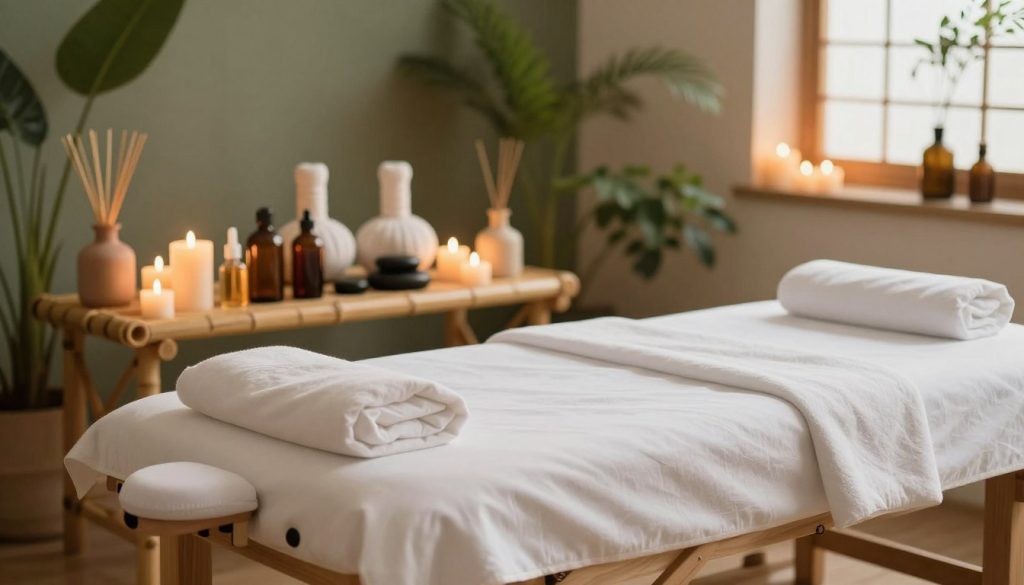 A serene and inviting spa setting showcasing a variety of massage tools and elements representative of popular massage types. In the foreground, an elegant wooden massage table adorned with soft white linens, surrounded by candles casting a warm, soothing glow. In the middle ground, an array of massage oils, stones, and aromatic diffusers displayed on a bamboo shelf, with a backdrop of lush, green plants that evoke a tranquil atmosphere. The background features soft, diffused lighting, creating a calm and peaceful ambiance. The overall mood should be relaxing and rejuvenating, highlighting the essence of well-being and self-care, perfect for illustrating the theme of popular massage types.