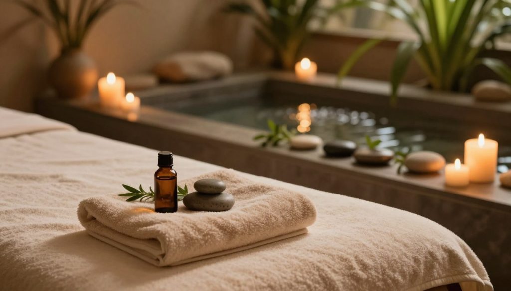 A serene and inviting spa setting showcasing elements for a perfect massage experience. In the foreground, a plush massage table draped with soft towels and calming essential oils. The middle ground features warm, ambient lighting, with candles flickering gently, casting a soft glow. A collection of smooth stones and fresh herbs lies artfully arranged nearby. In the background, a tranquil water feature with gentle ripples enhances the peaceful atmosphere, while lush green plants create a natural, calming environment. The overall mood is soothing and rejuvenating, promoting relaxation and wellness. The scene is designed to evoke a sense of comfort and serenity, embodying tips for an ideal massage experience.