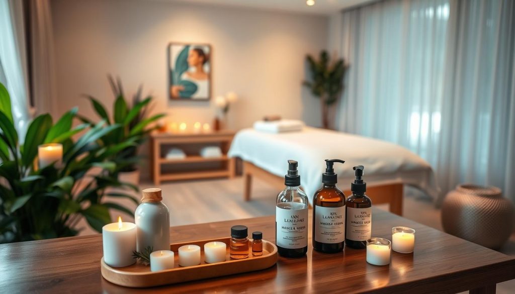 A serene and inviting wellness spa environment, showcasing a tranquil treatment room prepared for a massage session. In the foreground, neatly arranged massage oils and aromatherapy candles on a polished wooden table, exuding soothing scents. Soft, ambient lighting bathes the space in warm hues, while lush green plants add a calming touch. In the middle background, a plush treatment table draped in a soft, white linen, inviting relaxation. The walls are adorned with calming artwork and gentle colors, creating a peaceful atmosphere. A hint of natural light flows through sheer curtains, enhancing the serene ambiance. The overall mood is serene and inviting, emphasizing relaxation and self-care in a professional setting. A serene and inviting wellness spa environment, showcasing a tranquil treatment room prepared for a massage session. In the foreground, neatly arranged massage oils and aromatherapy candles on a polished wooden table, exuding soothing scents. Soft, ambient lighting bathes the space in warm hues, while lush green plants add a calming touch. In the middle background, a plush treatment table draped in a soft, white linen, inviting relaxation. The walls are adorned with calming artwork and gentle colors, creating a peaceful atmosphere. A hint of natural light flows through sheer curtains, enhancing the serene ambiance. The overall mood is serene and inviting, emphasizing relaxation and self-care in a professional setting.