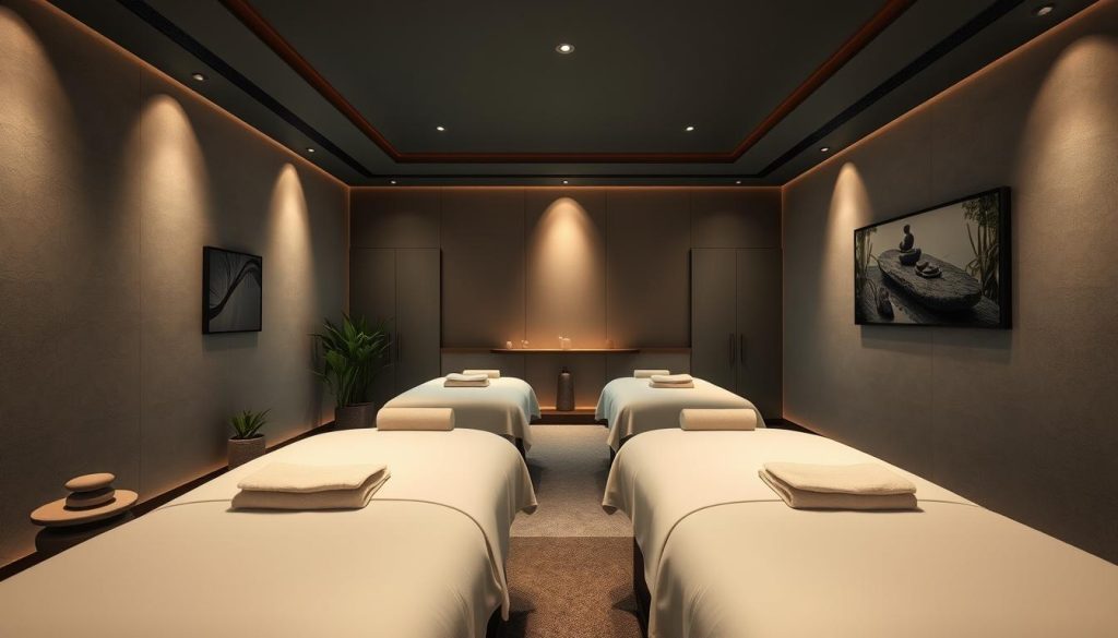 A serene and luxurious corporate spa retreat, featuring a spacious, dimly lit treatment room with plush massage tables, soft lighting, and a tranquil atmosphere. The room is adorned with soothing natural elements, such as potted plants, smooth river stones, and calming artwork on the walls. Soft, diffused lighting from hidden sources creates a warm, inviting ambiance, while the sound of gentle music and the faint scent of essential oils transport the viewer to a peaceful, rejuvenating experience. The room is captured from an angle that emphasizes the relaxing and professional setting, perfectly suited for a corporate VIP massage package.