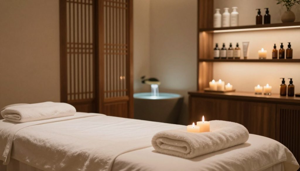 A serene and luxurious spa environment, featuring a tranquil treatment room with soft, ambient lighting. In the foreground, a beautifully arranged massage table adorned with fluffy towels and calming essential oils, creating a sense of comfort and relaxation. The middle area showcases an elegant wooden screen and a soothing water feature, emphasizing tranquility. In the background, shelves are filled with organic skincare products and scented candles. The atmosphere is peaceful and inviting, capturing the essence of a high-end spa experience. Utilize warm, soft lighting to enhance the ambiance, with a slightly blurred depth of field to create an ethereal, immersive feel. No people in the scene, focusing purely on the luxurious elements of personal care and spa relaxation. A serene and luxurious spa environment, featuring a tranquil treatment room with soft, ambient lighting. In the foreground, a beautifully arranged massage table adorned with fluffy towels and calming essential oils, creating a sense of comfort and relaxation. The middle area showcases an elegant wooden screen and a soothing water feature, emphasizing tranquility. In the background, shelves are filled with organic skincare products and scented candles. The atmosphere is peaceful and inviting, capturing the essence of a high-end spa experience. Utilize warm, soft lighting to enhance the ambiance, with a slightly blurred depth of field to create an ethereal, immersive feel. No people in the scene, focusing purely on the luxurious elements of personal care and spa relaxation.