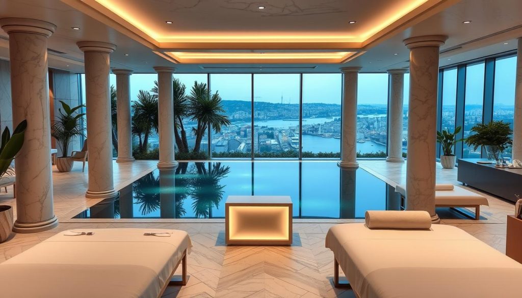 A serene and luxurious spa retreat in the heart of Istanbul, showcasing a tranquil indoor pool surrounded by elegant marble columns and lush greenery. Soft, diffused lighting from overhead fixtures casts a warm, inviting glow, creating a soothing atmosphere. In the foreground, plush lounge chairs and cozy treatment tables invite visitors to indulge in rejuvenating massage therapies and revitalizing skin treatments. The middle ground features a sleek, modern reception desk, while the background reveals a panoramic view of the city's iconic skyline through large windows, blending the urban environment with the sanctuary-like ambiance of the spa.