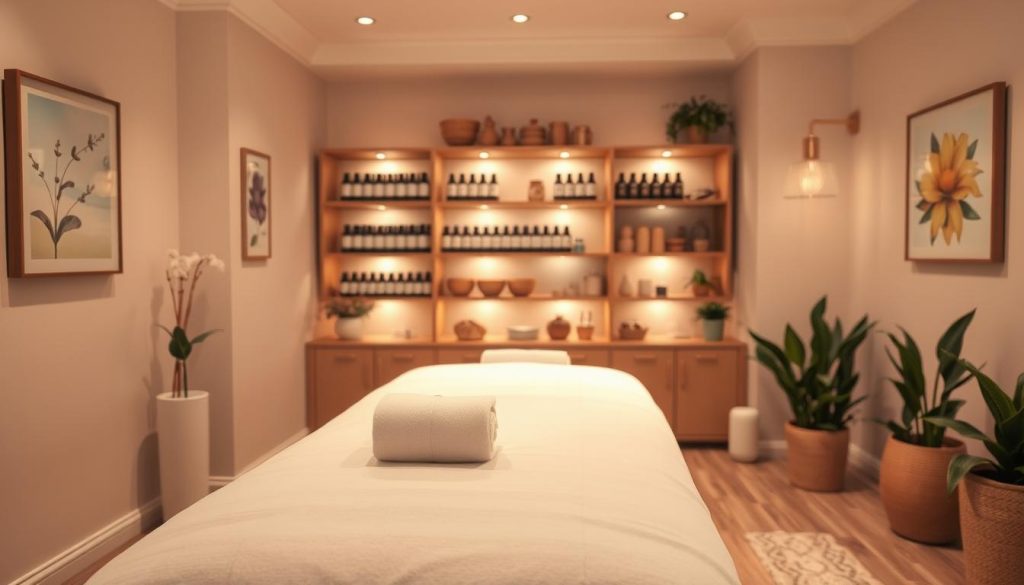 A serene and meticulously organized massage studio interior, showcasing a clean, inviting atmosphere focused on hygiene and professionalism. In the foreground, display a neatly arranged massage table with fresh linens, warm lighting emphasizing cleanliness. In the middle background, highlight shelves filled with essential oils and massage tools, each labeled and stored properly, symbolizing expertise in the craft. Soft, ambient lighting creates a calming vibe, enhancing the sense of safety and trust. The walls are adorned with soothing art and fresh plants that promote relaxation, with a gentle color palette of creams and soft blues. The overall mood is tranquil and assuring, reflecting a high standard of cleanliness and expertise without any human presence. A serene and meticulously organized massage studio interior, showcasing a clean, inviting atmosphere focused on hygiene and professionalism. In the foreground, display a neatly arranged massage table with fresh linens, warm lighting emphasizing cleanliness. In the middle background, highlight shelves filled with essential oils and massage tools, each labeled and stored properly, symbolizing expertise in the craft. Soft, ambient lighting creates a calming vibe, enhancing the sense of safety and trust. The walls are adorned with soothing art and fresh plants that promote relaxation, with a gentle color palette of creams and soft blues. The overall mood is tranquil and assuring, reflecting a high standard of cleanliness and expertise without any human presence.