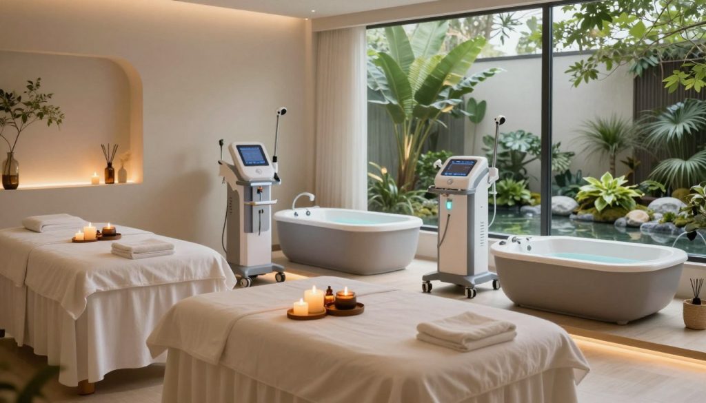 A serene and modern spa environment showcasing innovative technologies and treatments. In the foreground, sleek massage tables with soft linens, surrounded by aromatic candles and essential oil diffusers. The middle ground features advanced spa equipment, like hydrotherapy baths and high-tech facial machines, all designed with minimalist aesthetics. The background reveals large windows that let in soft, natural light, highlighting a tranquil indoor garden with lush greenery and calming water features. The atmosphere is peaceful and inviting, with warm colors and a soft, glowing ambiance. The overall impression should evoke a sense of relaxation and tranquility, perfect for illustrating modern spa applications and renewal in wellness technologies.